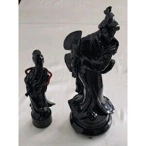 Vintage Asian Black Ceramic Figurines Small One Has Been Damaged Around Neck...